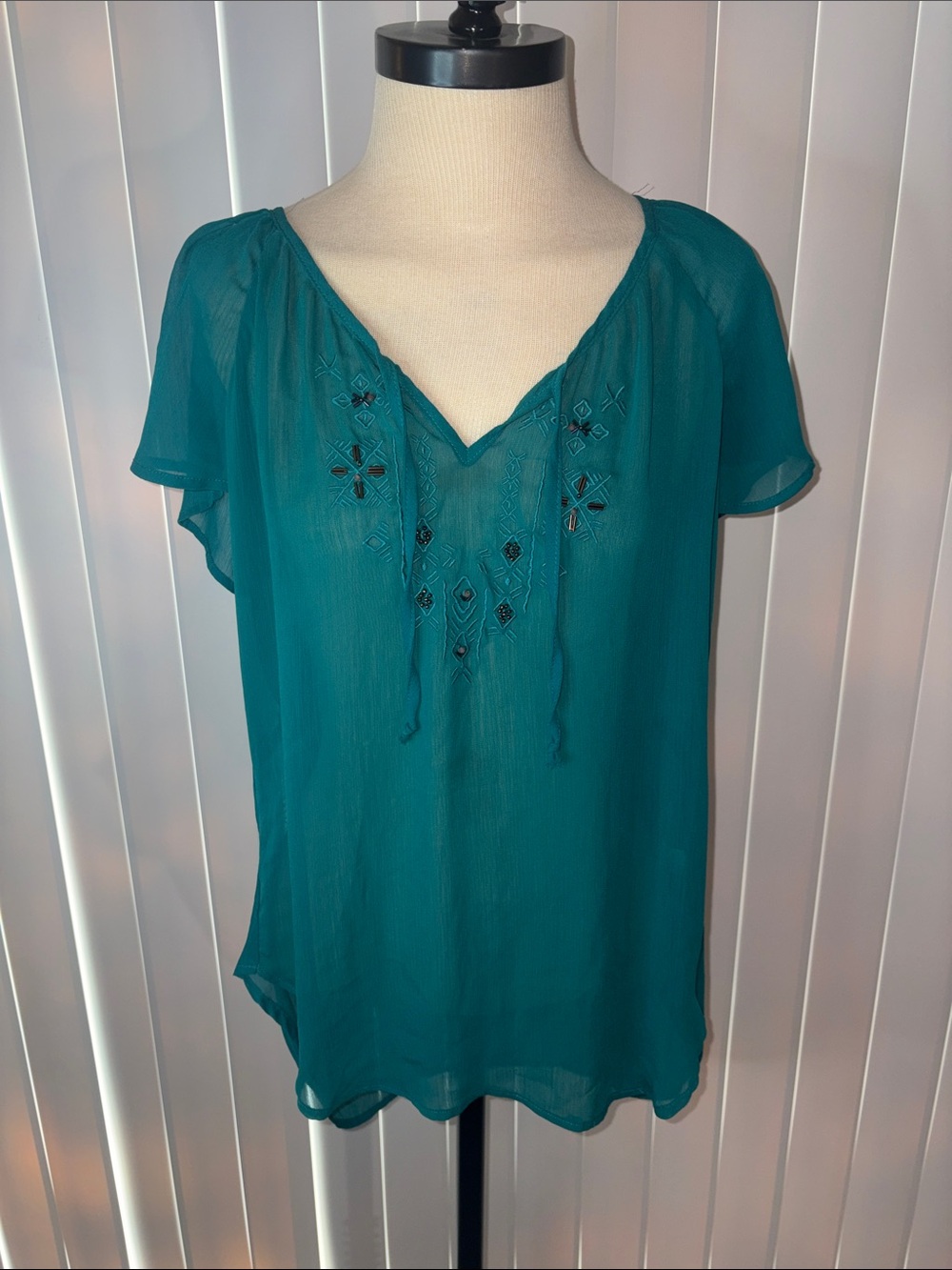 Maurices Teal Green Embroidered Chiffon Peasant Blouse Size Large